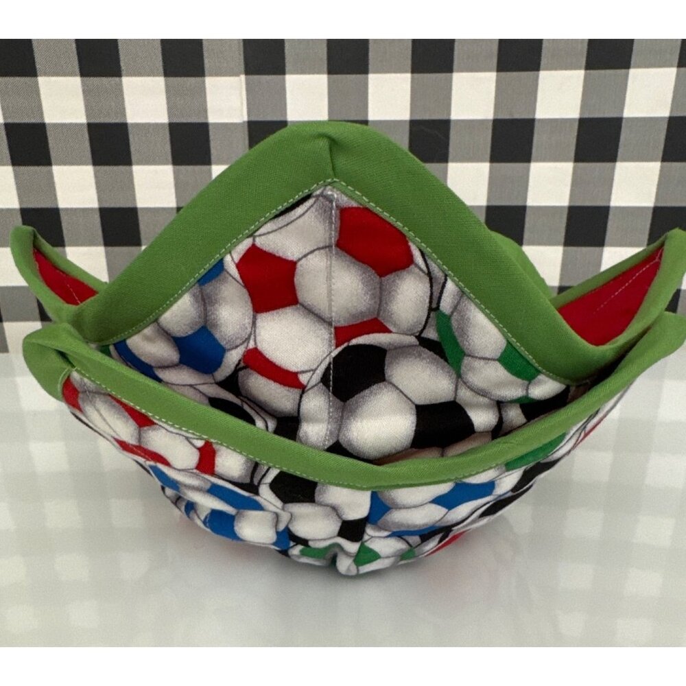 Handmade SOCCER BALLS Microwave Safe Bowl Cozy Reversible Quilted Cozie Medium‎